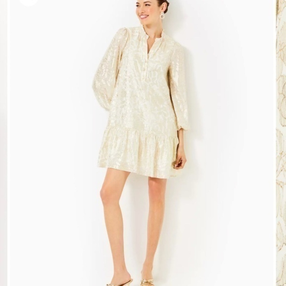 Lilly Pulitzer Evaline Silk Metallic Gold Popover Dress Long Sleeve Shimmer